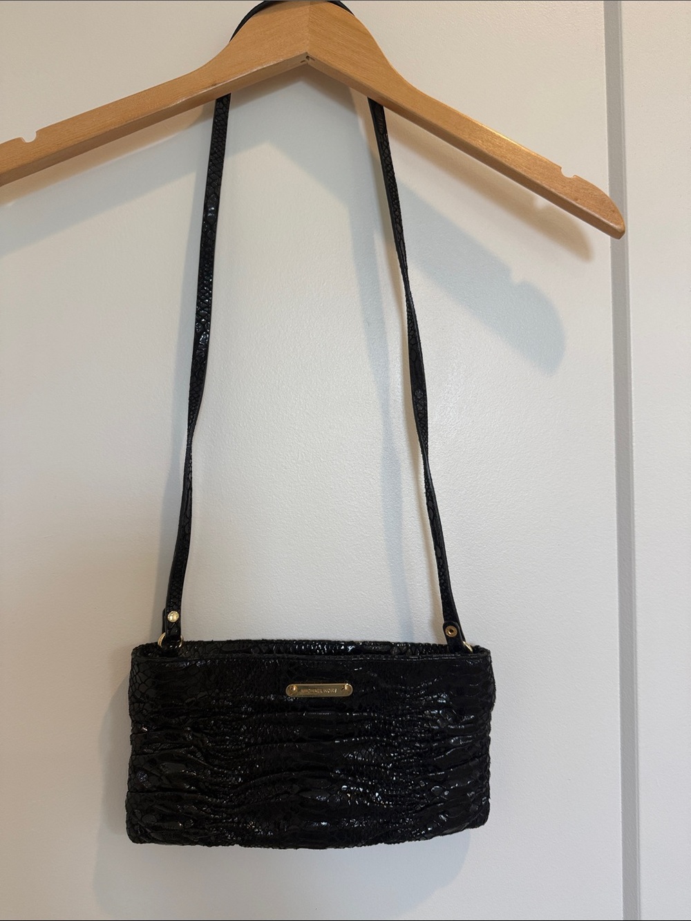 Michael Kors Black Textured Patent Crossbody Bag with Gold Accent